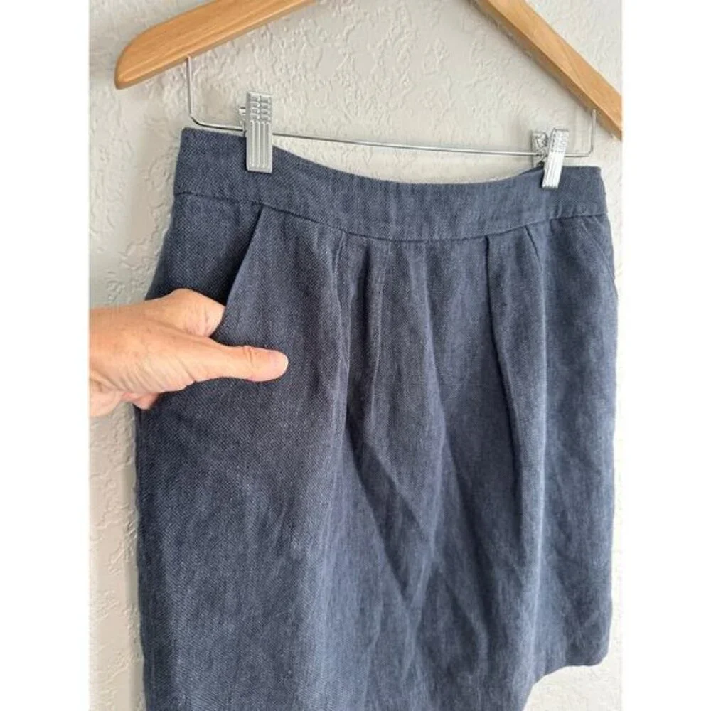 Tabitha Anthropologie Blue Linen Skirt Size 6 Academia Mini School Twee Pockets - Picture 2 of 6